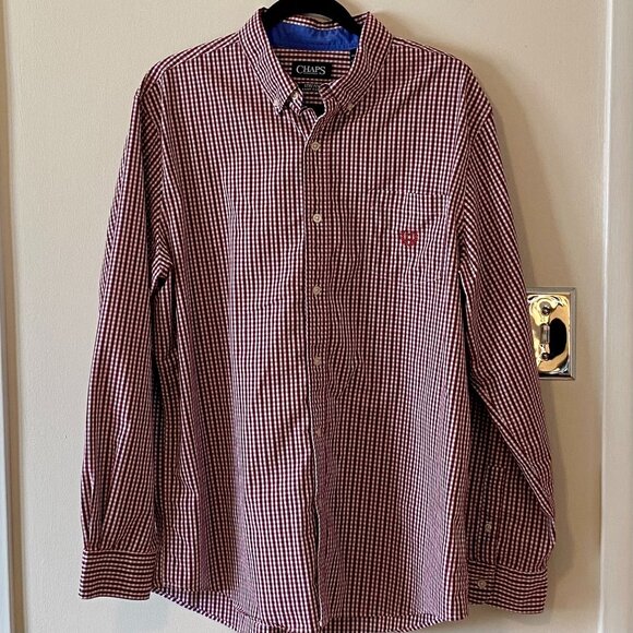 Chaps Men's XL Stretch Easy Care Long Sleeve Button down Shirt Red White Check - Picture 1 of 9